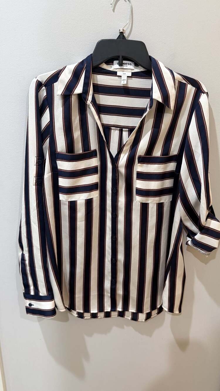 Express Portofino Slim Blouse Size L Navy Striped